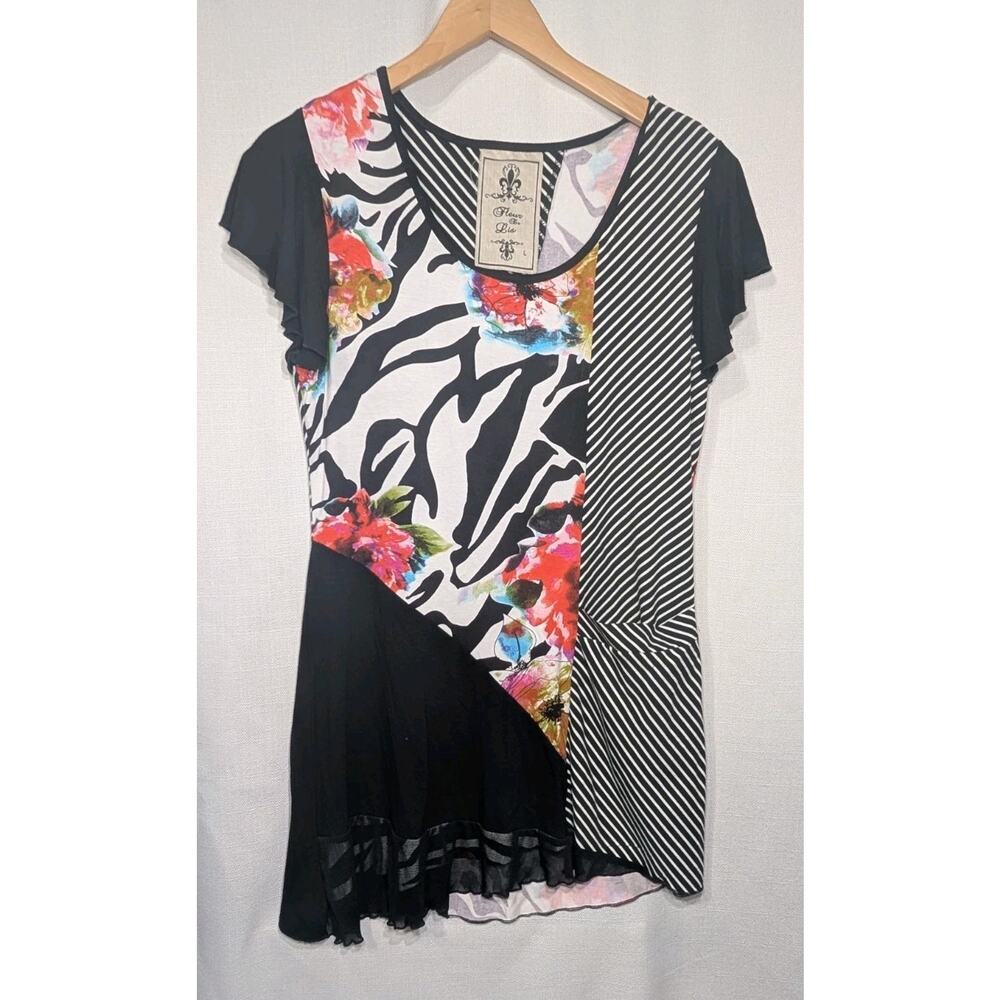 Fleur De Lis Patchwork Tunic Top Sz L Zebra Floral Stripe Mixed Print Boho Artsy